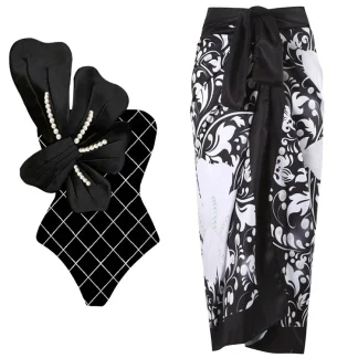 Pearl Floral Black Print Swimsuit Set