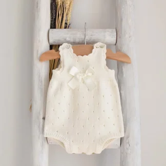 Knitted Romper with Eyelet Details and Bow