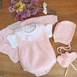 Knitted Cotton Romper with Hand-Embroidered Dots