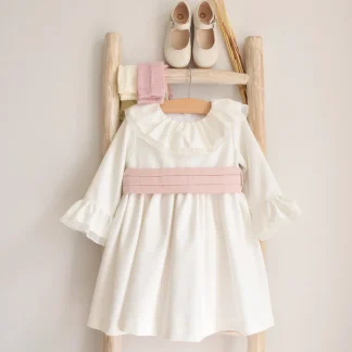 Vestido com manga comprida com folho e gola