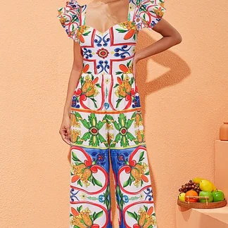 Ruffle Enamel Floral Print Swimsuit Set