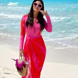 Colorblock Long Sleeve Surf Swimsuit Set