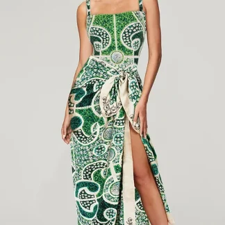 Green Ethnic Print One Piece Swimsuit Set