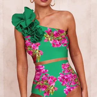 One-Shoulder Printed High-Waist Bikini Set