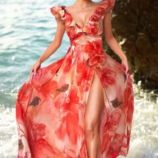 Ruffle Trim Vacation Print Swimsuit Set