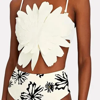 Floral Trim White Printed Bikini Set