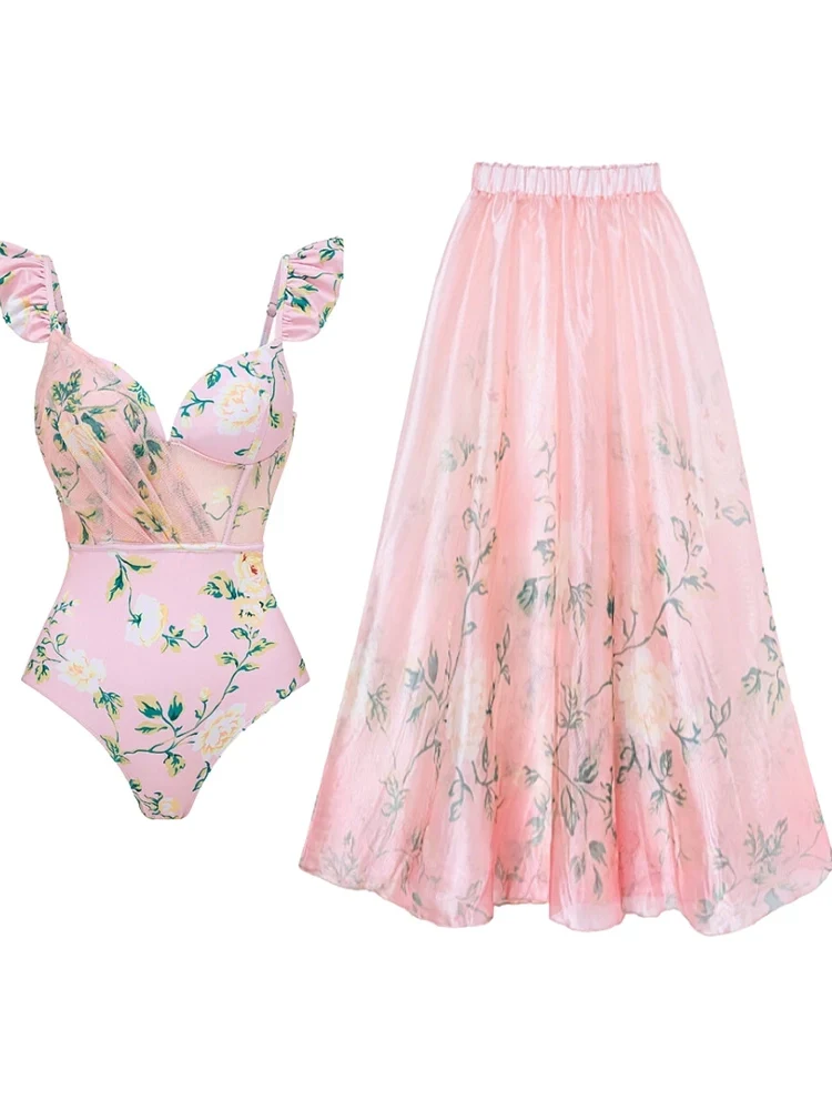 Pink Floral One-Piece with 3D Crystal Flowers - Image 2