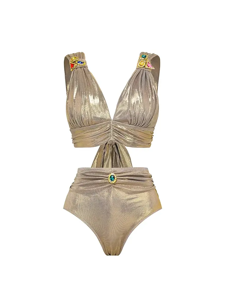 Rhinestone Ruched High-Waist Bikini Set - Image 7