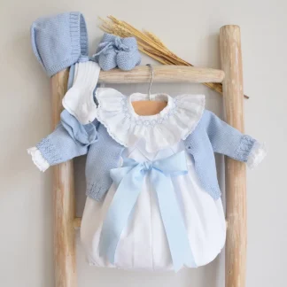 White Piqué Romper with Blue Details and Bow