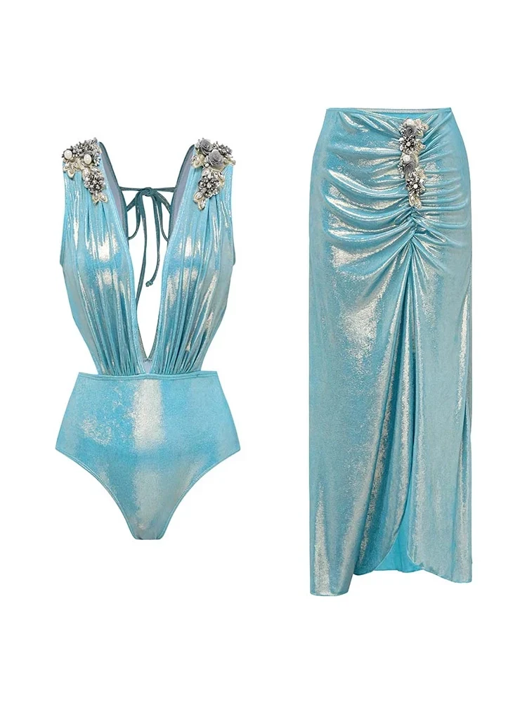 3D Butterfly Blue Glossy Swimsuit Set - Image 4