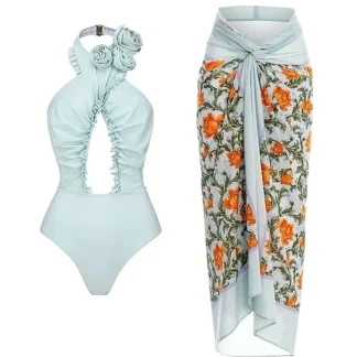 Halter Backless Swimsuit with 3D Floral Set