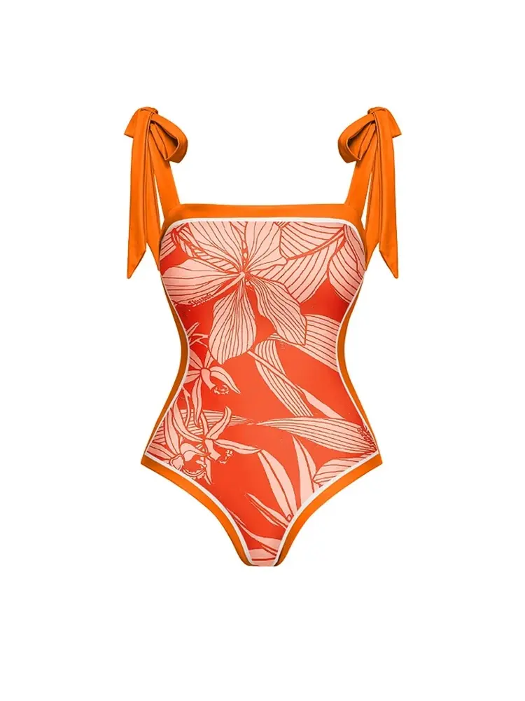 Tie Strap Print One Piece Swimsuit Set - Image 3