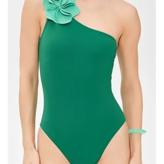 Green One-Shoulder 3D Floral Swimsuit