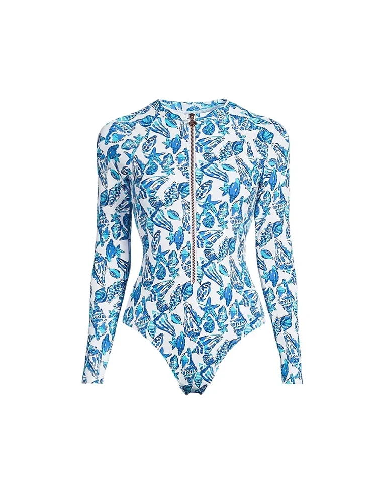 Green Zip-Up Floral Surf Swimsuit Set - Image 7