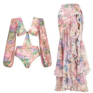 Mesh Patchwork Printed Long Sleeve Swimsuit
