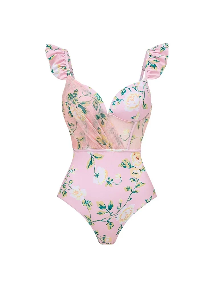Pink Floral One-Piece with 3D Crystal Flowers - Image 3