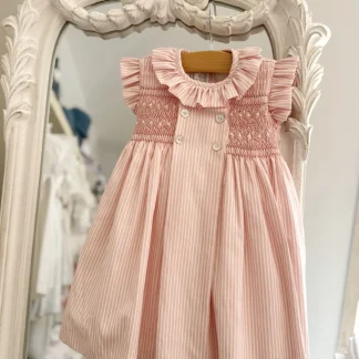 Pink Stripes Smocked Dress with Hand-Embroidery and Back Bow