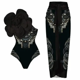 3D Black Floral Bust Decor Printed Swimsuit