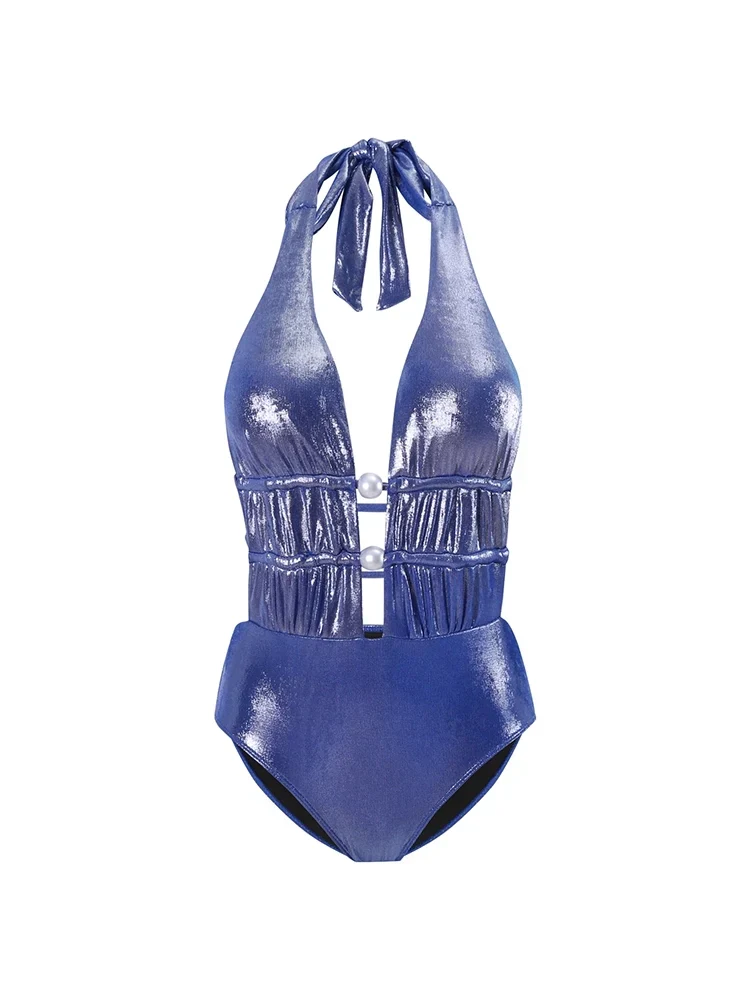 Glossy Mist Deep V Halter Pearl Swimsuit - Image 7