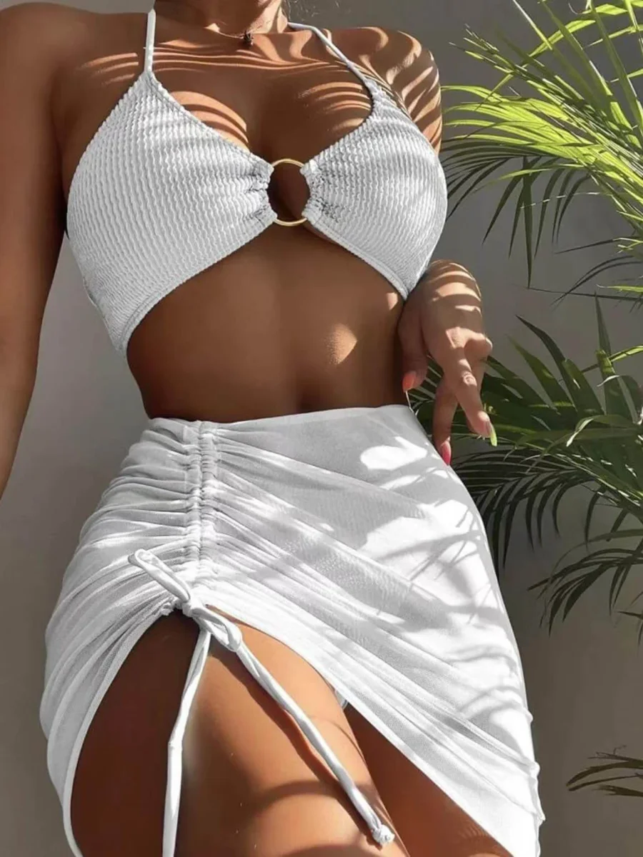 Biquíni de maiô de três peças com gola halter sexy de cor sólida - Image 5