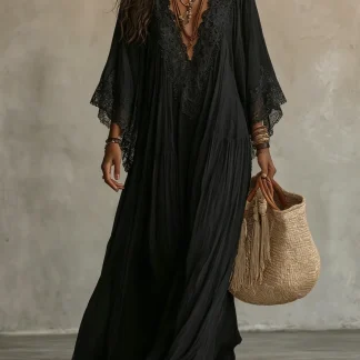 Aurora - Vestido Maxi Preto Mangas Morcego