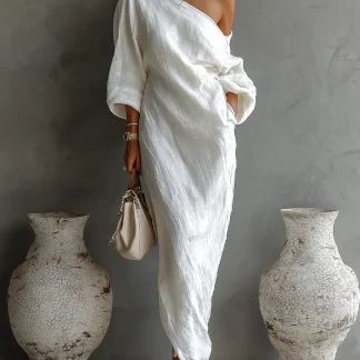 Areia - Vestido Off-Shoulder de Linho