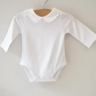 White Organic Cotton Baby Bodysuit with Scalloped Peter Pan Collar