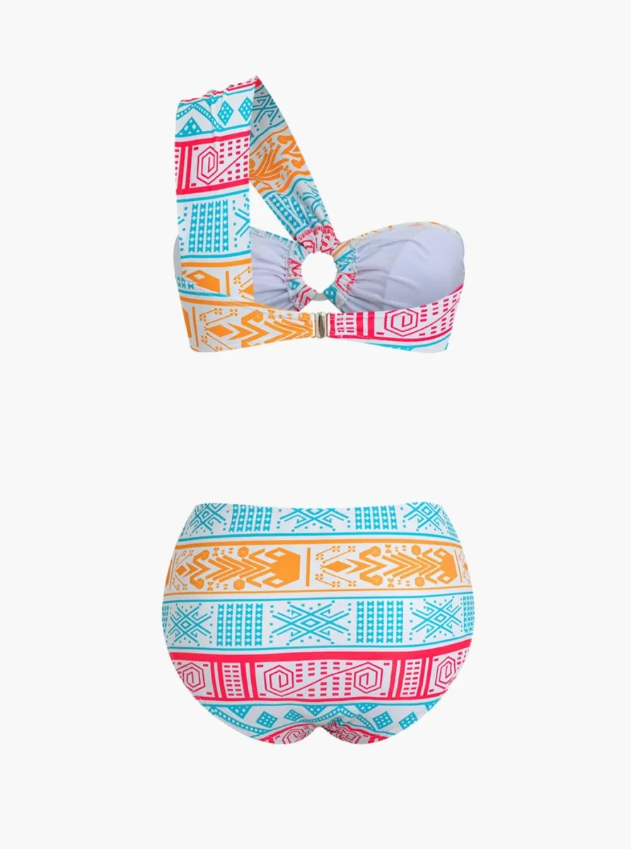 Conjunto de maiô de duas peças com estampa tribal de um ombro - Image 4
