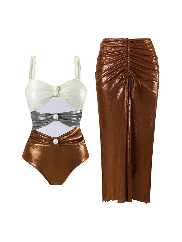 Pearl Cutout Glossy Colorblock Swimsuit Set - Image 4