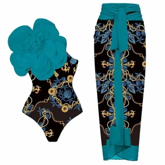 3D Blue Floral Print One-Piece Swimsuit Set
