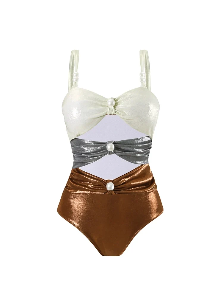 Pearl Cutout Glossy Colorblock Swimsuit Set - Image 5