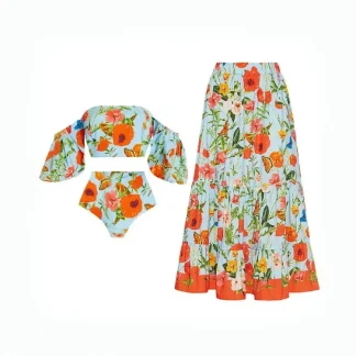 Floral Puff Sleeve High-Waist Bikini Set