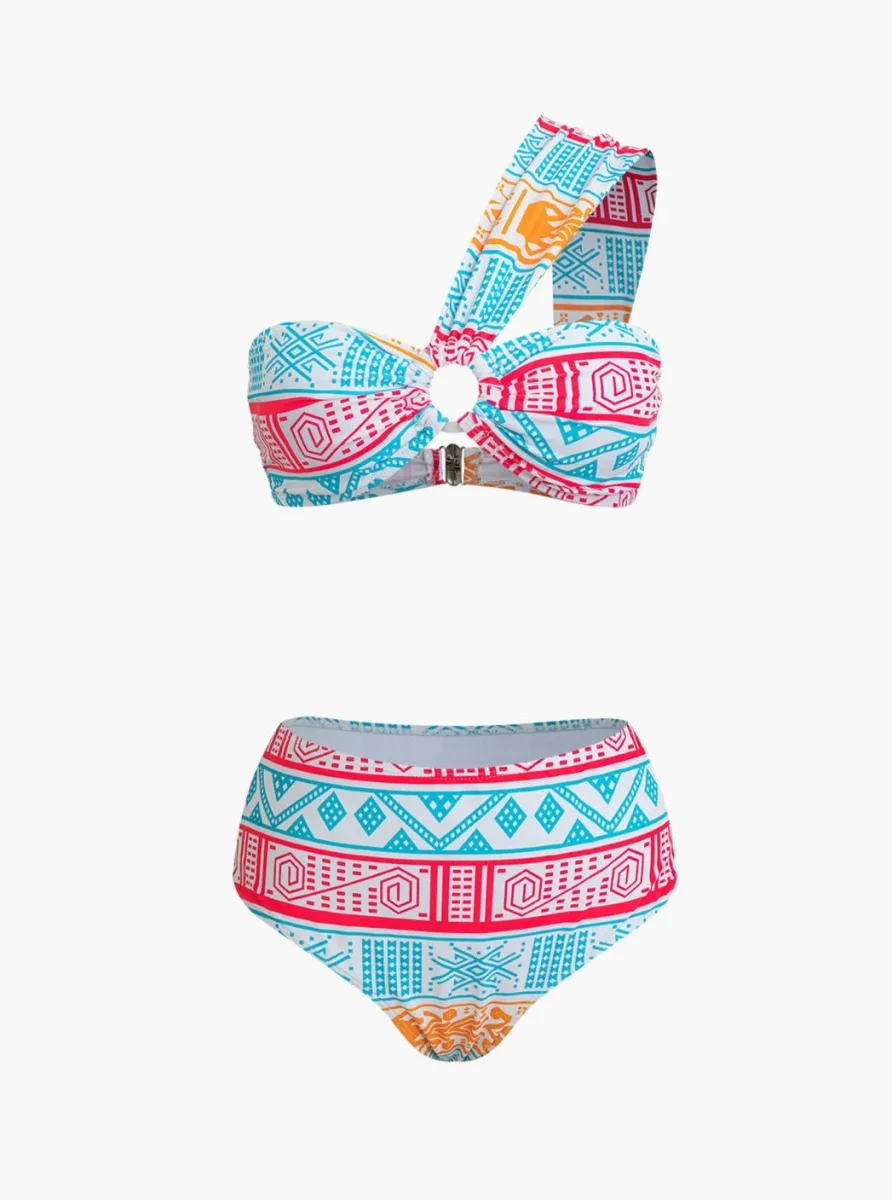 Conjunto de maiô de duas peças com estampa tribal de um ombro - Image 3