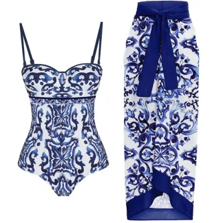 Porcelain Print One Piece Swimsuit Set
