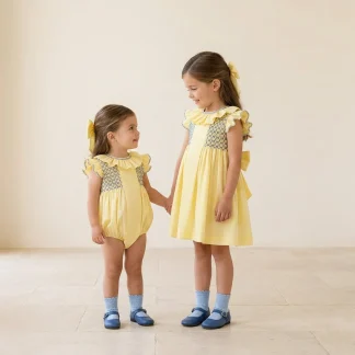 Girls Smocked Dress with Hand Embroidery and Ruffle Collar