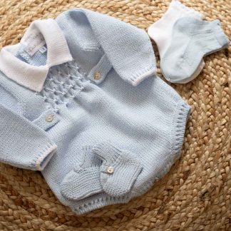 Blue Baby Romper with smocked details