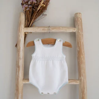 Knitted Cotton Romper with Hand-Embroidered Smocked Details