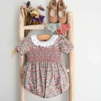 Dusty Pink Floral Hand-Embroidered Romper