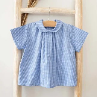 Classic Baby Shirt with Pleats and Peter Pan Collar - Blue Vichy