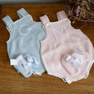 Personalised knitted baby romper with hand-embroidered initial